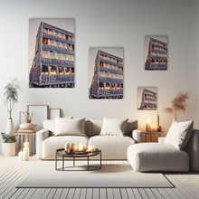 Lade das Bild in den Galerie-Viewer, Grau-Orange-Architektur-Abriss-Gebaeude-Fenster-Sonnenuntergang-Deutschland-verschiedene-Größen-auf-Leinwand-an-Wand-in-hellem-Wohnzimmer