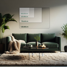 Lade das Bild in den Galerie-Viewer, Größenmodell-Querformat-verschiedene-Größen-auf-Leinwand-an-Wand-in-gemütlichem-Wohnzimmer