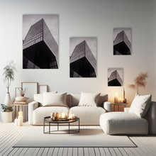 Lade das Bild in den Galerie-Viewer, Schwarz-Weiss-Grau-Architektur-Hochhaus-Hotel-Hyatt-Medienhafen-Deutschland-auf-Leinwand-an-Wand-in-hellem-Wohnzimmer