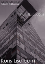 Lade das Bild in den Galerie-Viewer, Architekturfotografie-mit-Schwarz-Weiß-Grau-Filter-Hochhaus-mit-buntem-Muster-im-Medienhafen-Düsseldorf-in-Deutschland-Format-A3-und-A4