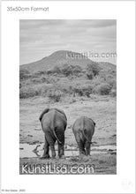 Lade das Bild in den Galerie-Viewer, schwarz-weiß-Aufnahme-Ansicht-von-Hinten-Zwei-Elefanten-am-Wasserloch-in-freier-Wildbahn-Berge-im-Hintergrund-in-Südafrika-Format-35x50cm