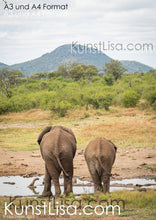 Lade das Bild in den Galerie-Viewer, Ansicht-von-Hinten-Zwei-Elefanten-am-Wasserloch-in-freier-Wildbahn-grüne-Berge-im-Hintergrund-in-Südafrika-Format-A3-und-A4
