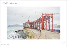 Lade das Bild in den Galerie-Viewer, Blick-auf-roten-Aussichtspunkt-mit-fliegenden-Möwen-am-Meer-im-Hafen-in-Peru-Architekturfotografie-Format-35x50cm

