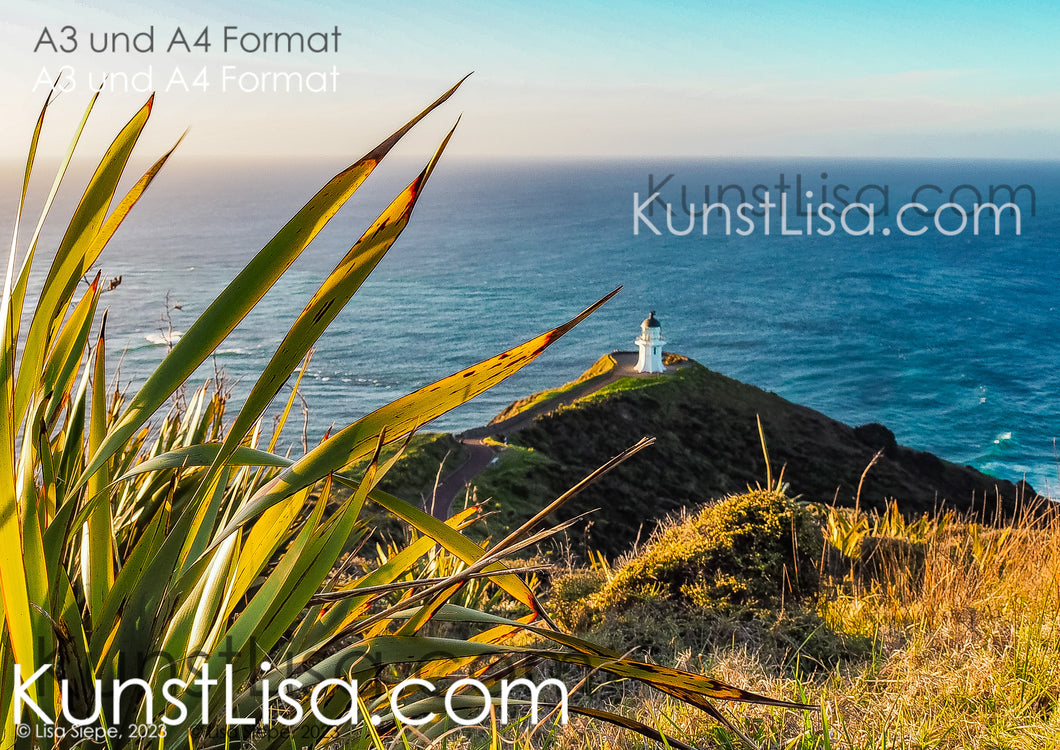 Ausblick-auf-das-blaue-Meer-und-den-weißen-Leuchtturm-grüne-Landschaft-blauer-Himmel-in-Neuseeland-Format-A3-und-A4