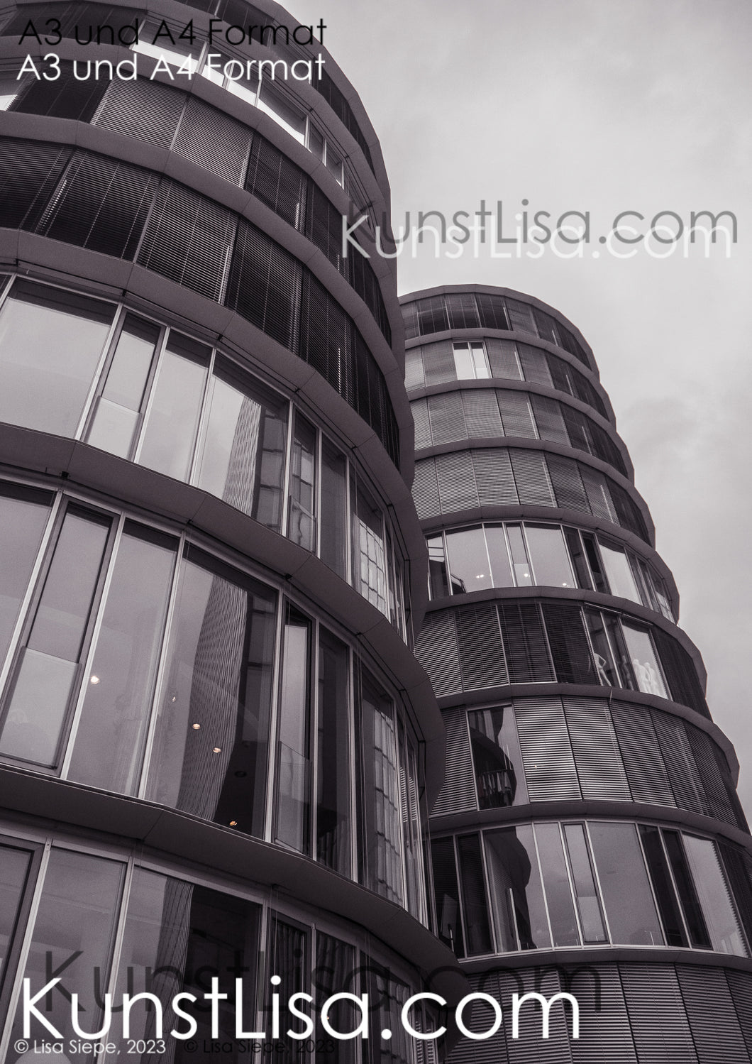 Architekturfotografie-mit-Schwarz-Weiß-Grau-Filter-runde-Hochhäuser-mit-Glasfront-im-Medienhafen-Düsseldorf-in-Deutschland-Format-A3-und-A4