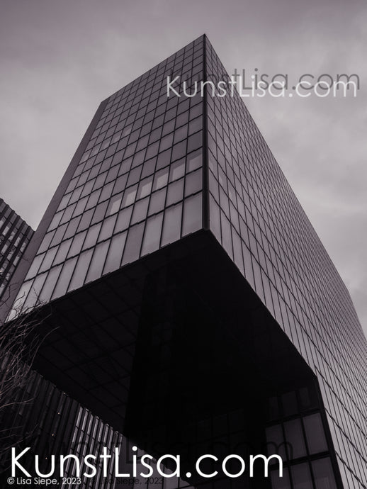 Architekturfotografie-mit-Schwarz-Weiß-Grau-Filter-Hochhaus-Hotel-mit-Glasfront-im-Medienhafen-Düsseldorf-in-Deutschland-Hyatt-Regency